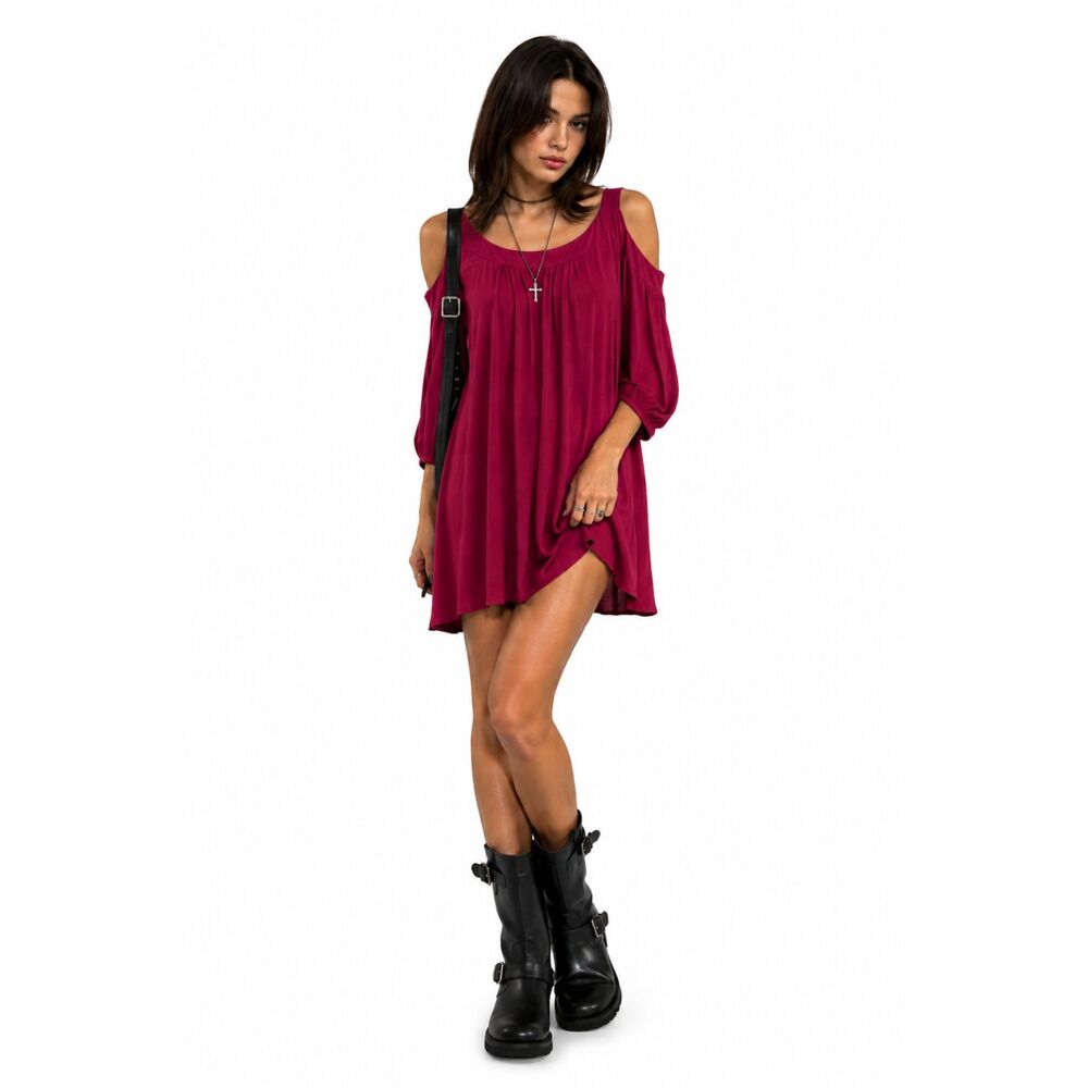 Picky Girl Maroon Tunic Dress Small Cold Shoulder Peasant Bohemian Style‎